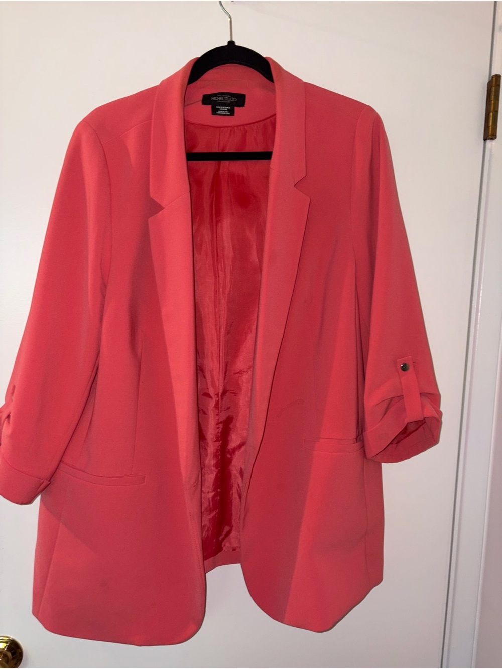 Michel Studio Coral-Pink Roll-Sleeve Open Blazer